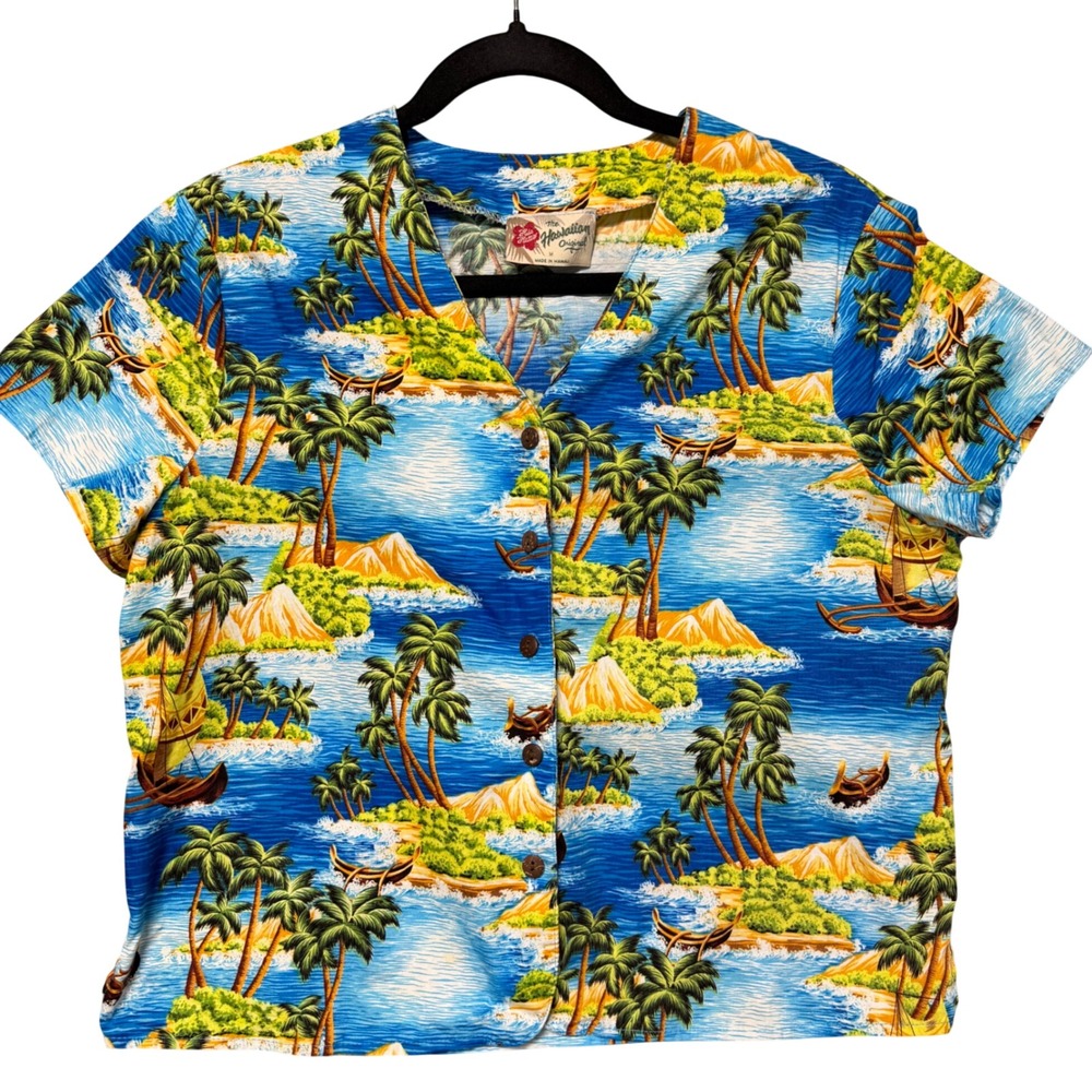 Hilo‎ Hattie Womens Blue Tropical Island Palm Tree Hawaiian Shirt Medium 238